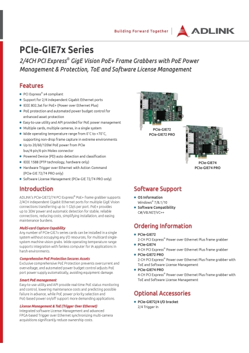 ADLINK社製 GigE Vision PoE+対応 フレームグラバ PCIe-GIE72/74