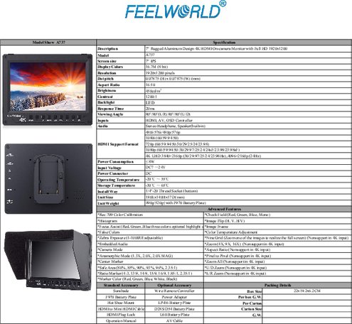 7インチワイド4K対応撮影用モニターFEELWORLD A737製品カタログ