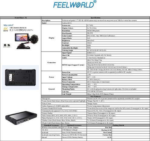 5.7インチワイド4K対応撮影用フィールドモニターFEELWORLD F6製品カタログ