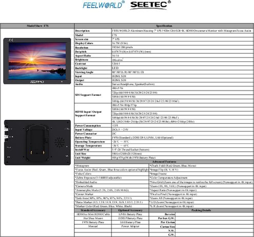 7インチワイド4K対応撮影用モニターFEELWORLD F7S