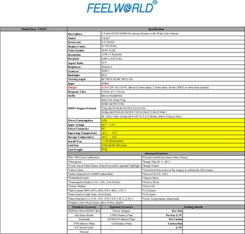 5.5インチワイド4K対応有機EL撮影用フィールドモニターFEELWORLD FW567