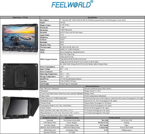 7インチワイド4K対応撮影用モニターFEELWORLD FW760