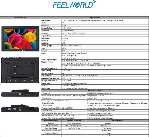 7インチワイド4K対応撮影用モニターFEELWORLD T756