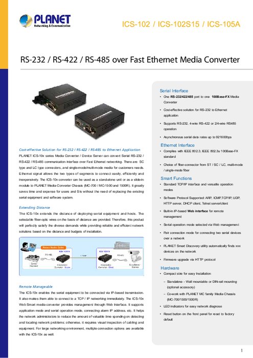 メディアコンバーター PLANET ICS-102/ICS-102S15/ICS-105A 製品カタログ