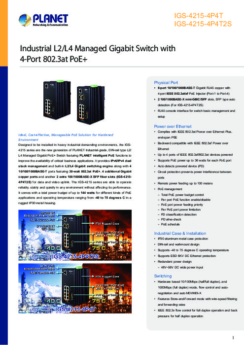 産業用PoEスイッチ PLANET IGS-4215-4P4T 製品カタログ