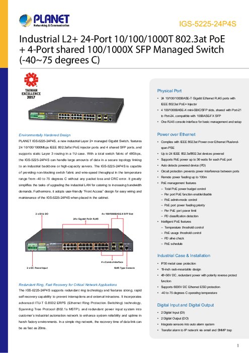 産業用PoEスイッチ PLANET IGS-5225-24P4S 製品カタログ