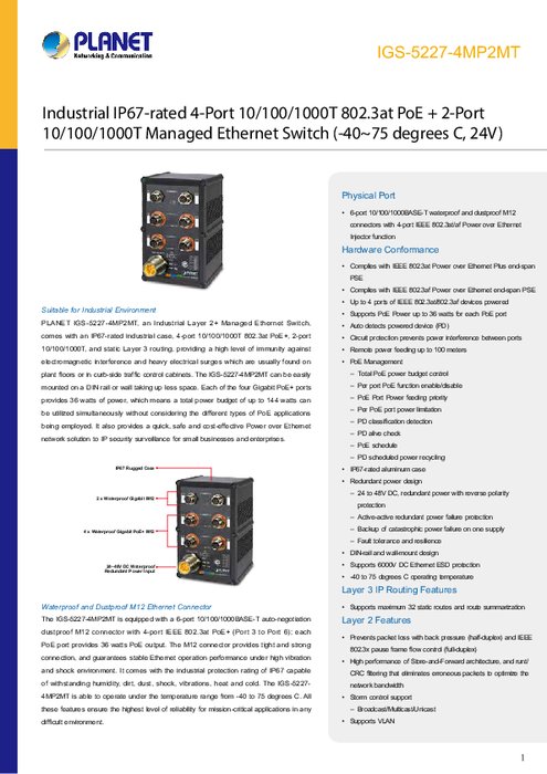 産業用PoEスイッチ PLANET IGS-5227-4MP2MT 製品カタログ