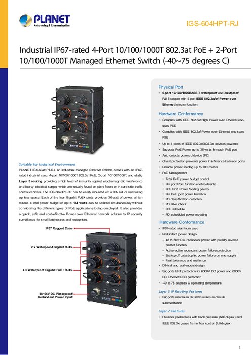 産業用PoEスイッチ PLANET IGS-604HPT-RJ 製品カタログ