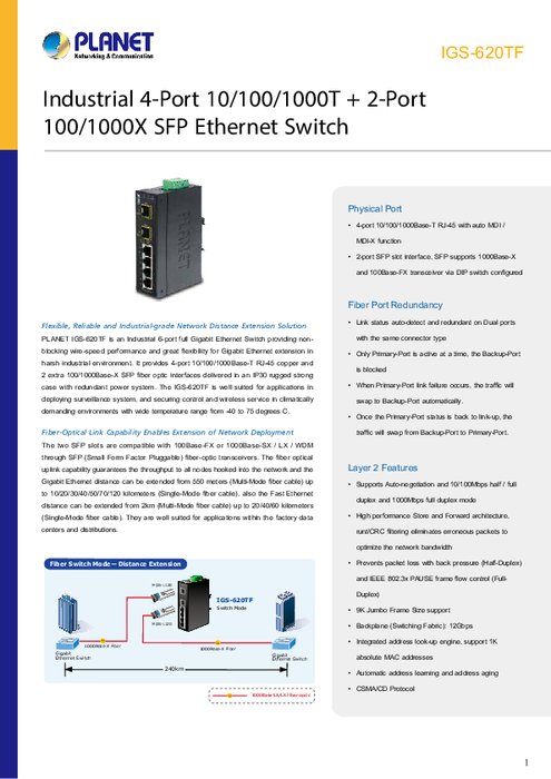 産業用イーサネットスイッチ PLANET IGS-620TF  製品カタログ