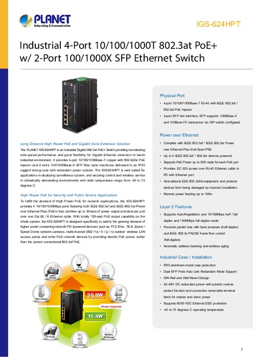 産業用PoEスイッチ PLANET IGS-624HPT 製品カタログ