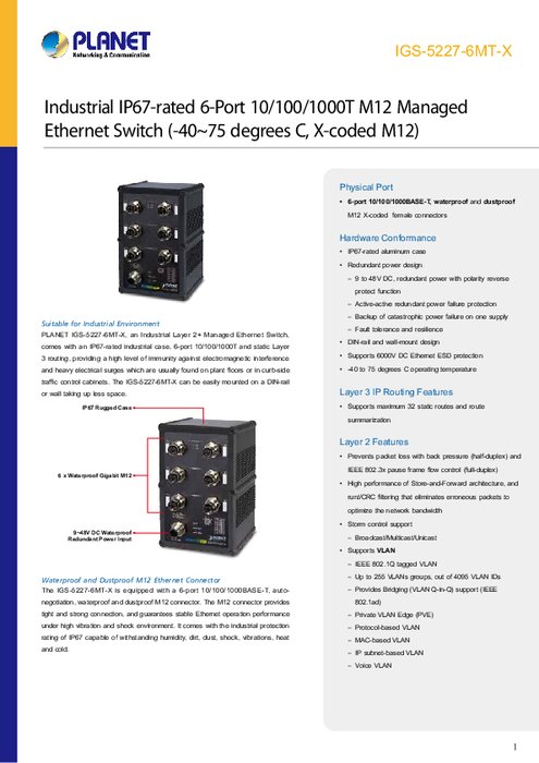 産業用イーサネットスイッチ PLANET IGS-5227-6MT-X 製品カタログ