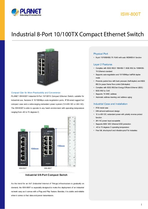 工業用イーサネットスイッチ PLANET ISW-800T 製品カタログ