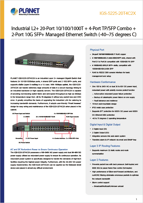 産業用イーサネットスイッチ PLANET IGS-5225-20T4C2X 製品カタログ