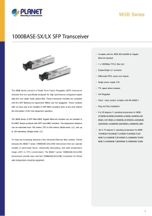 産業用ギガビット イーサネットSFP モジュール PLANET MGB-Series 製品カタログ