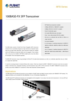 産業用100メガ イーサネットSFP モジュール PLANET MFB-Series 製品カタログ