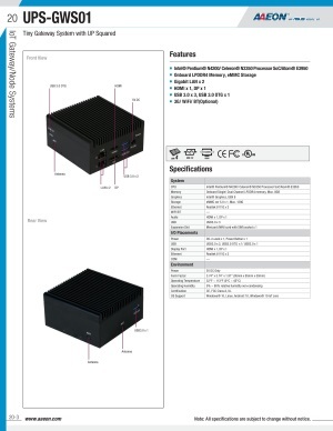 ファンレス組込みPC AAEON UPS-GWS01 製品カタログ