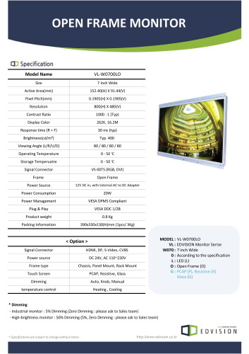 産業用液晶モニター EDVISION VL-W0700LO 製品カタログ