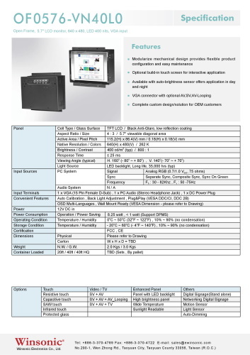 産業用液晶ディスプレイ WINSONIC OF0576-VN40L0 製品カタログ