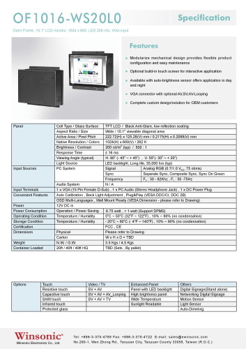 産業用液晶ディスプレイ WINSONIC OF1016-WS20L0 製品カタログ