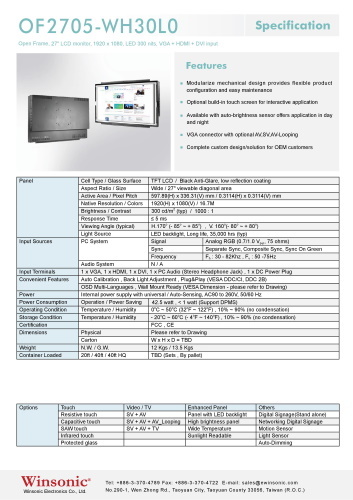 産業用液晶ディスプレイ WINSONIC OF2705-WH30L0 製品カタログ
