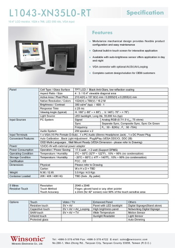 産業用液晶ディスプレイ WINSONIC L1043-XN35L0-RT 製品カタログ