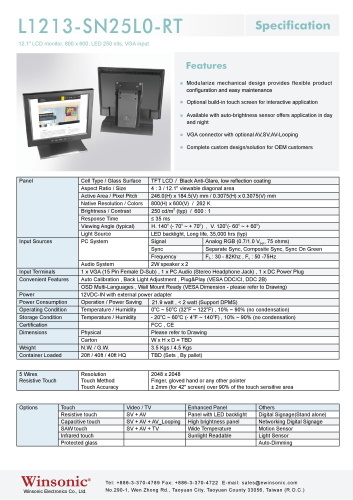 産業用液晶ディスプレイ WINSONIC L1213-SN25L0-RT 製品カタログ