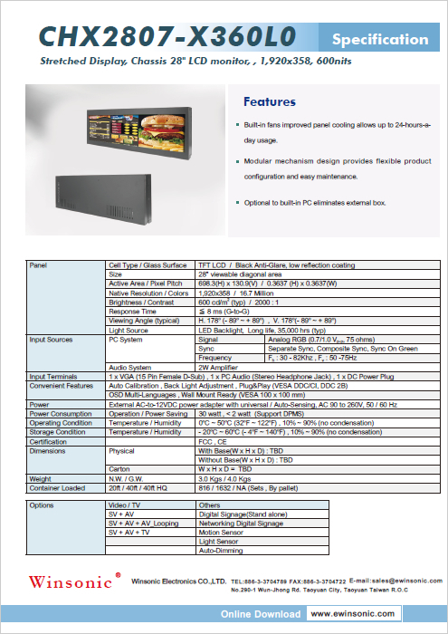 産業用液晶ディスプレイ WINSONIC CHX2807-X360L0 製品カタログ