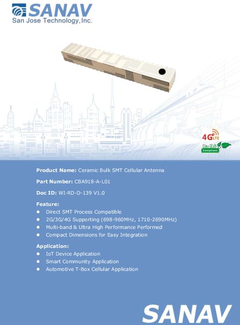 Bulk SMT Cellular セラミック チップ アンテナSANAV CBA918-A-L01 製品カタログ