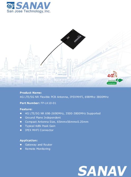 4G LTE/5G NR フレキシブルPCB アンテナ SANAV FP-LK10-01 製品カタログ
