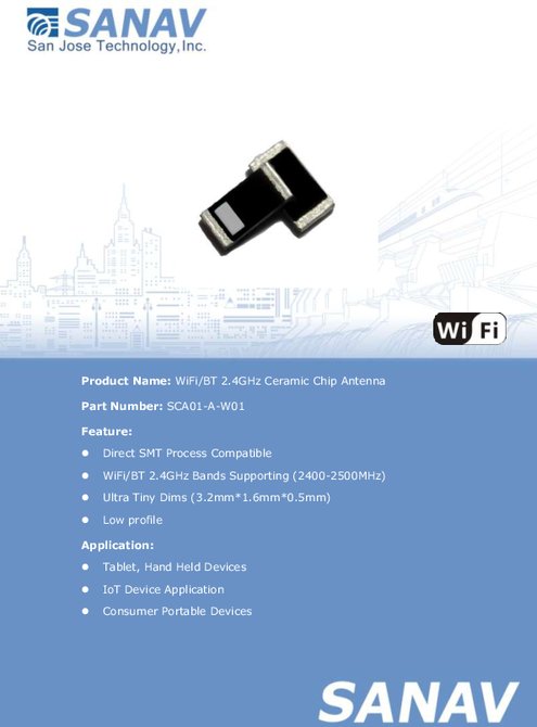 WiFi/BT 2.4GHz セラミック チップ アンテナSANAV SCA01-A-W01 製品カタログ