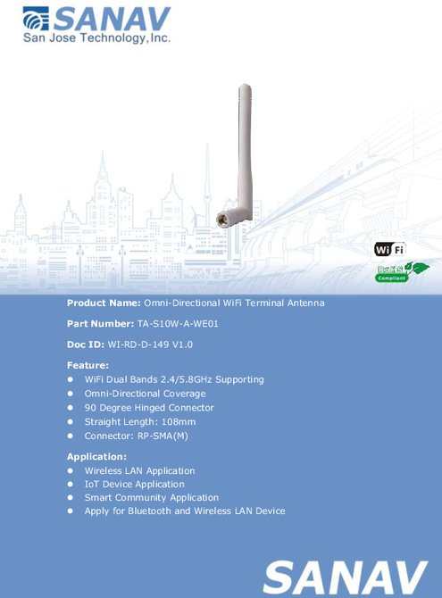 Omni-Directional WiFi ターミナル アンテナ SANAV TA-S10W-A-WE01 製品カタログ