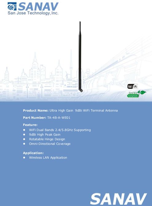 Ultra High Gain 9dBi WiFi ターミナル アンテナ SANAV TA-4B-A-WE01 製品カタログ