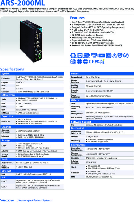 ファンレス組込みPC Vecow ARS-2000ML(M12) 製品カタログ