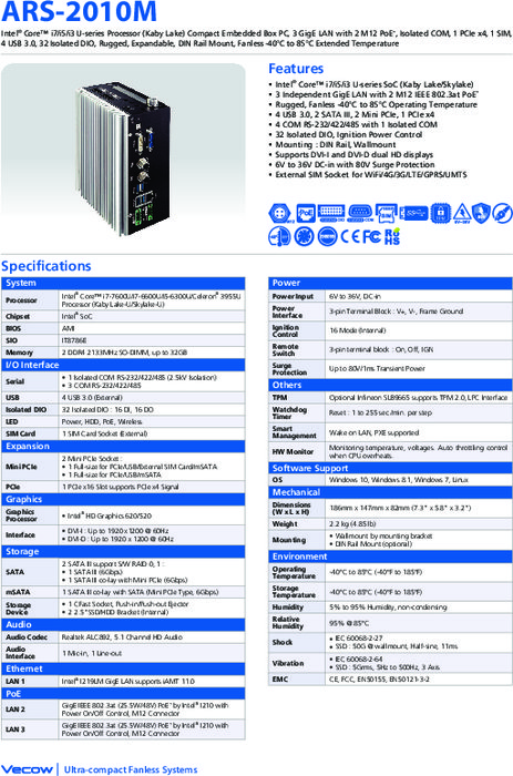 ファンレス組込みPC Vecow ARS-2010M 製品カタログ
