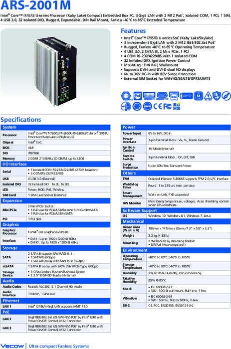 ファンレス組込みPC Vecow ARS-2001M(M12) 製品カタログ