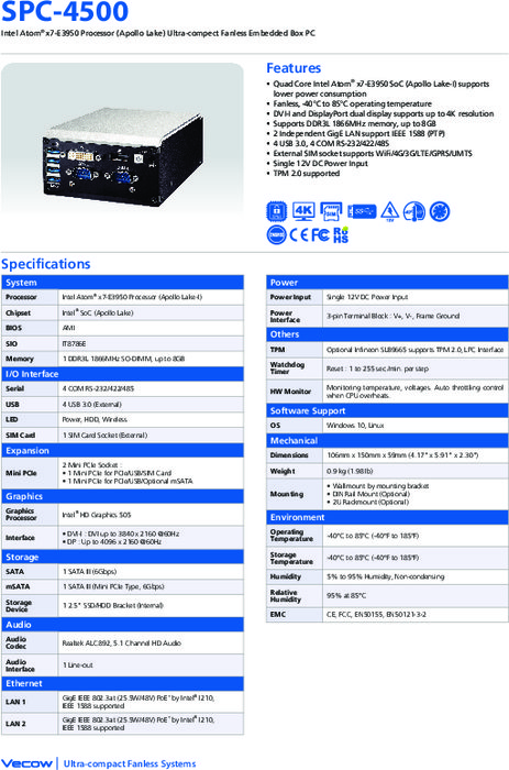 ファンレス組込みPC Vecow SPC-4500 製品カタログ