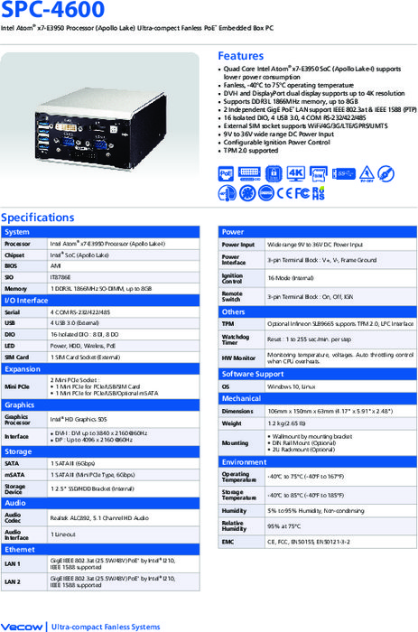 ファンレス組込みPC Vecow SPC-4600 製品カタログ