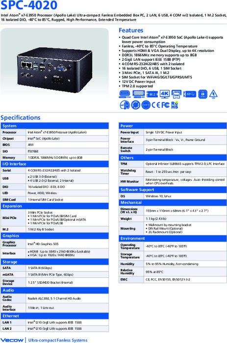 ファンレス組込みPC Vecow SPC-4020 製品カタログ