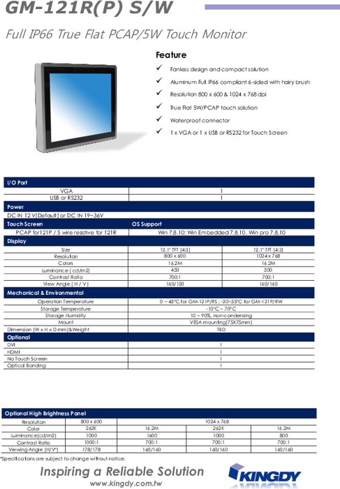 IP67全面防水 拡張温度フラットベゼル12.1