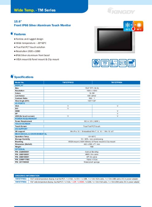 IP65前面防水 フラットベゼル15.6