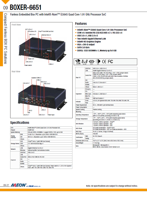 小型PC AAEON BOXER-6651 製品カタログ