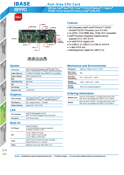 IBASE産業用 PICMG1.3 SBC IB990 製品カタログ