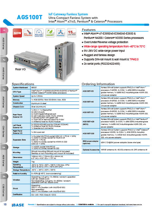 小型PC iBASE AGS100T 製品カタログ