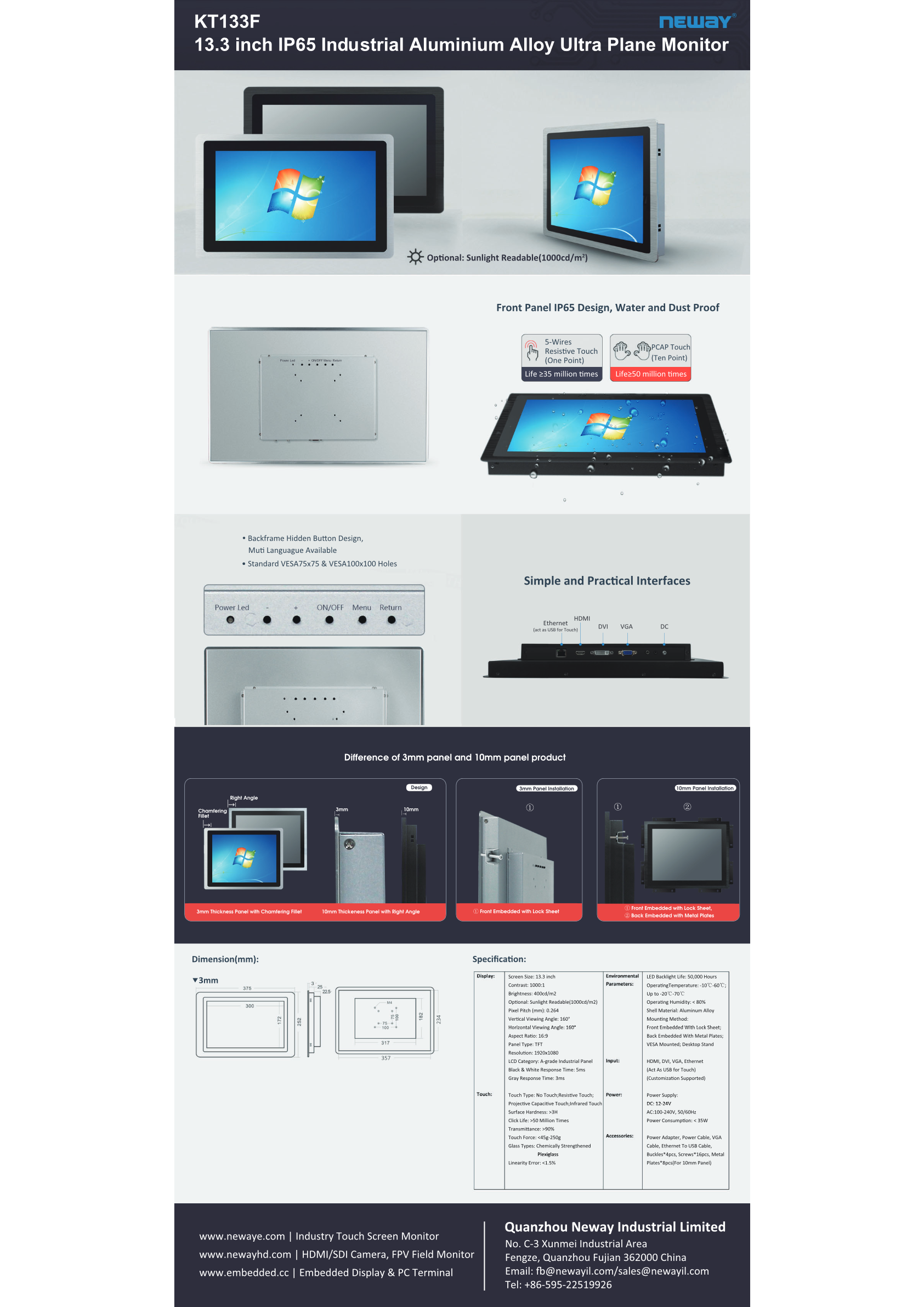 13.3インチ前面防水防塵IP65パネルマウントディスプレイ NEWAY KT133FC 製品カタログ