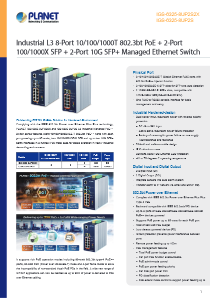 産業用L3リングマネージドPoEスイッチ PLANET IGS-6325-8UP2S2X