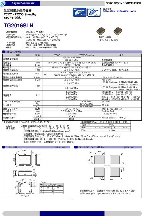 温度補償水晶発振器(TCXO) TG2016SLN