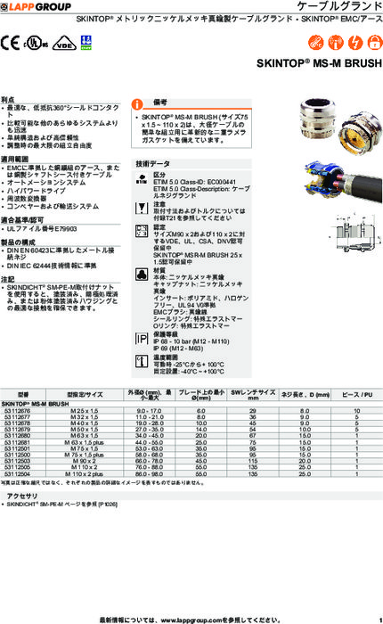 メタル(真鍮)製ケーブルグランド SKINTOP MS-M BRUSH