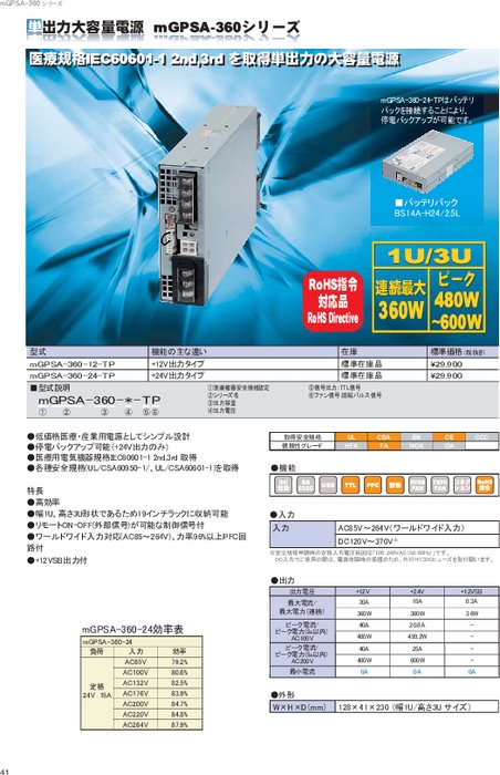 AC-DCコンバータ 単出力電源 mGPSA-360-12-TP／24-TP