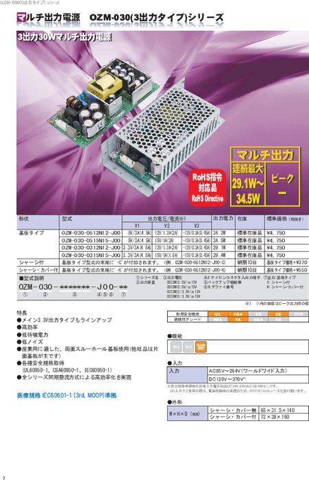 AC-DCコンバータ シャーシ付き3出力30Wマルチ出力電源 OZM-030-0312N12-J00-C／OZM-030-0315N15-J00-C 他