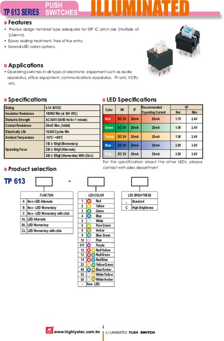TP613シリーズ、LED付きの照光式プッシュボタンスイッチ(キャップなし）